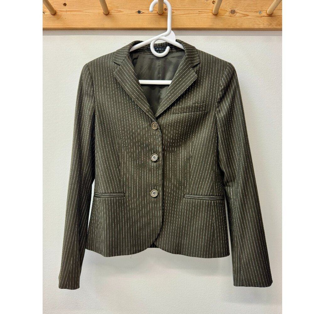 Theory Frampton Wool Slim Jacket Women Preppy Pinstriped Blazer Army Green